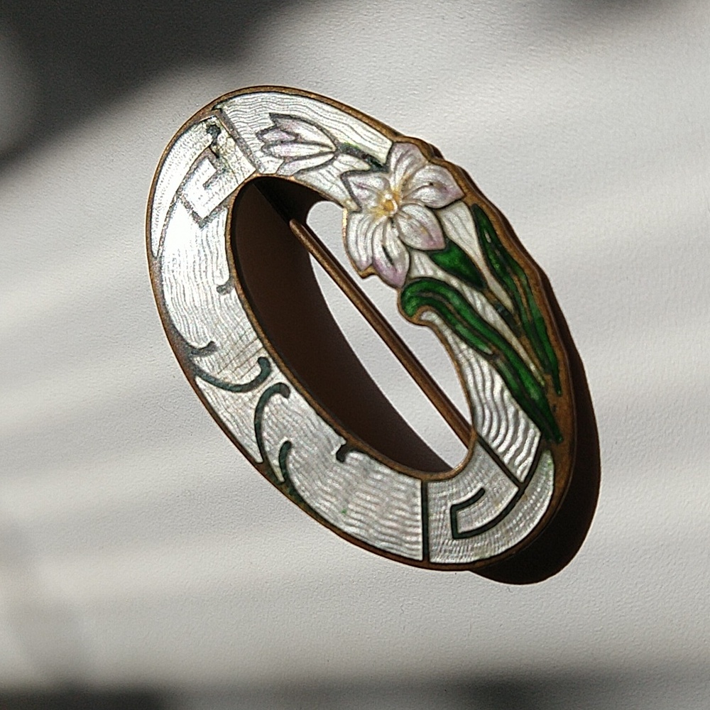 Antique guilloche enamel flower brooch art nouveau art deco pin flower